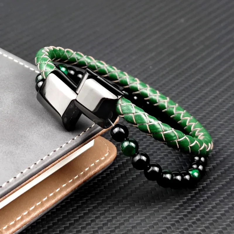 FZ Green Stone Beads Multilayer Leather Stainless Steel Bracelet