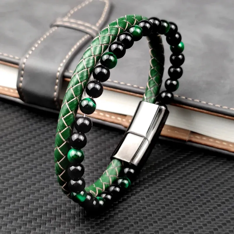 FZ Green Stone Beads Multilayer Leather Stainless Steel Bracelet