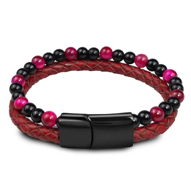 FZ Green Stone Beads Multilayer Leather Stainless Steel Bracelet