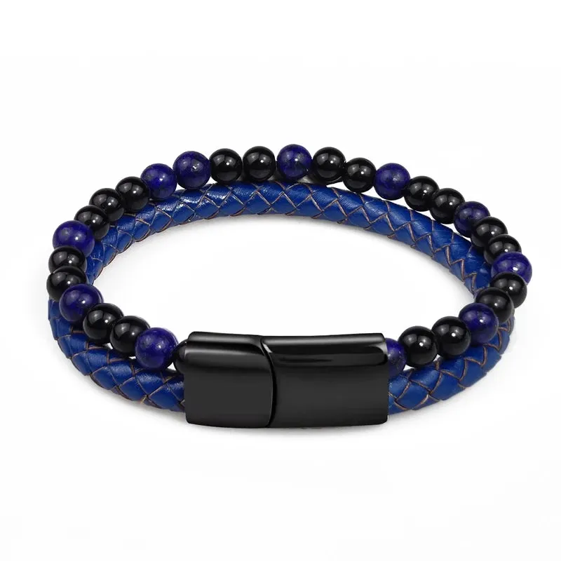 FZ Green Stone Beads Multilayer Leather Stainless Steel Bracelet