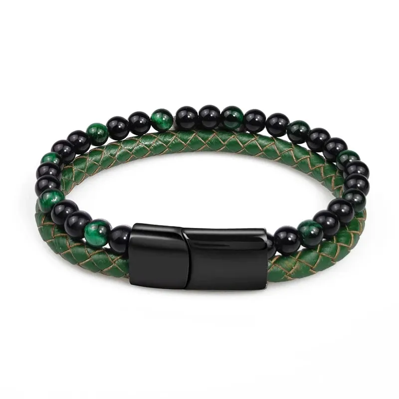 FZ Green Stone Beads Multilayer Leather Stainless Steel Bracelet