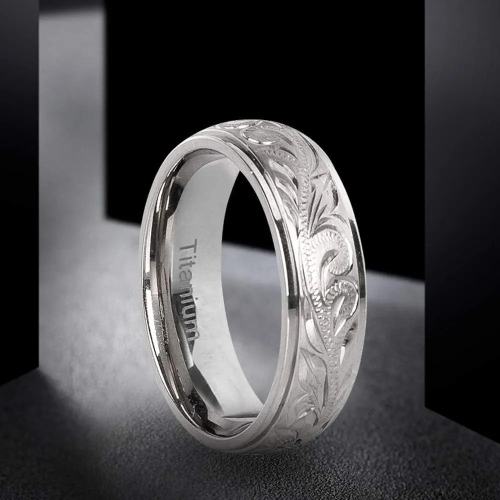 G23 Titanium Floral Design Wedding Ring Band for Men Women Engraved 6mm Size 7,9,10,12