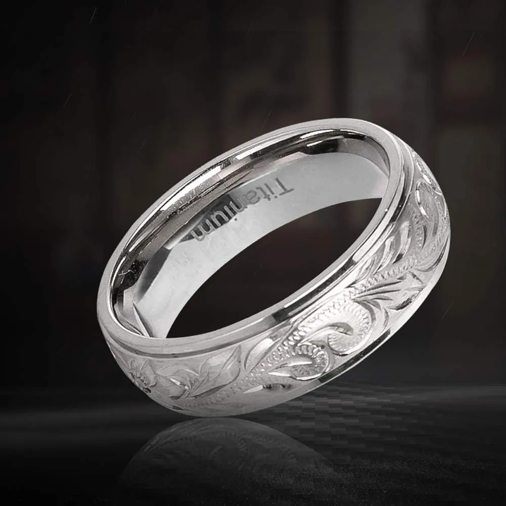 G23 Titanium Floral Design Wedding Ring Band for Men Women Engraved 6mm Size 7,9,10,12