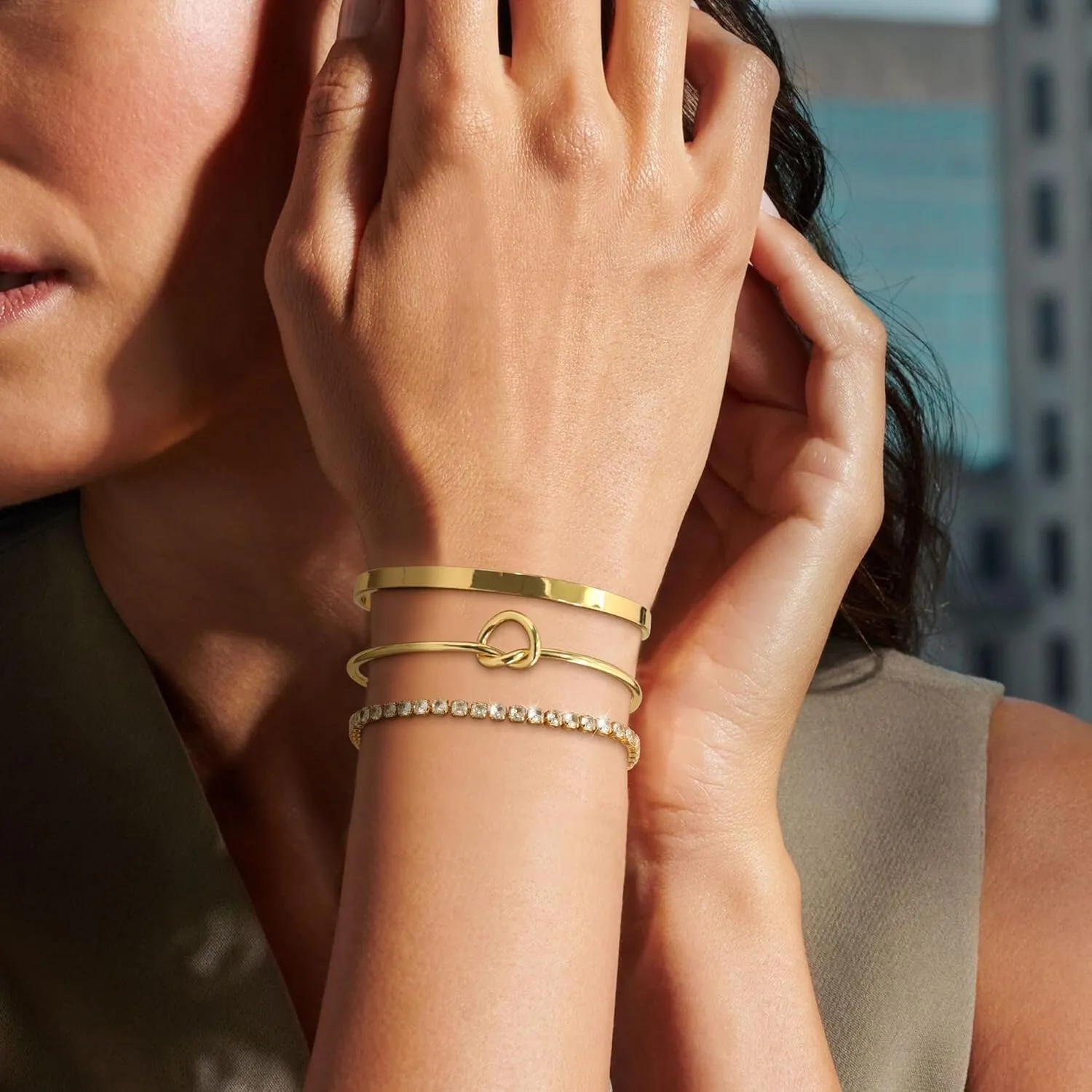 Gold Bangle Cuff Knot Bracelet for Women Stack Non Tarnish 14k Gold Plated Dainty Cubic Zirconia Tennis Bracelets Jewelry Set for Women Trendy