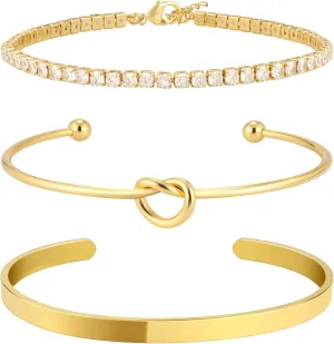 Gold Bangle Cuff Knot Bracelet for Women Stack Non Tarnish 14k Gold Plated Dainty Cubic Zirconia Tennis Bracelets Jewelry Set for Women Trendy