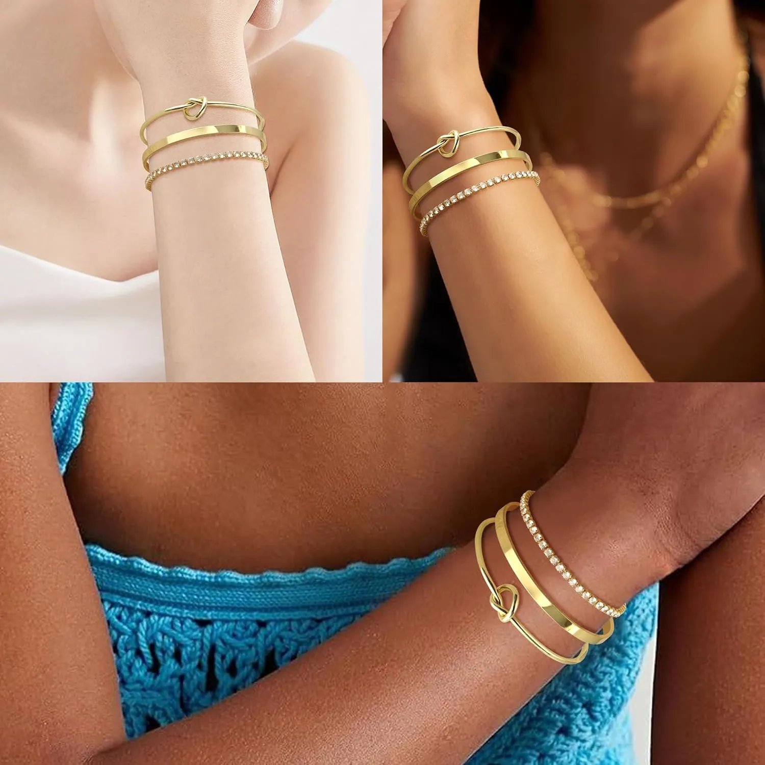 Gold Bangle Cuff Knot Bracelet for Women Stack Non Tarnish 14k Gold Plated Dainty Cubic Zirconia Tennis Bracelets Jewelry Set for Women Trendy