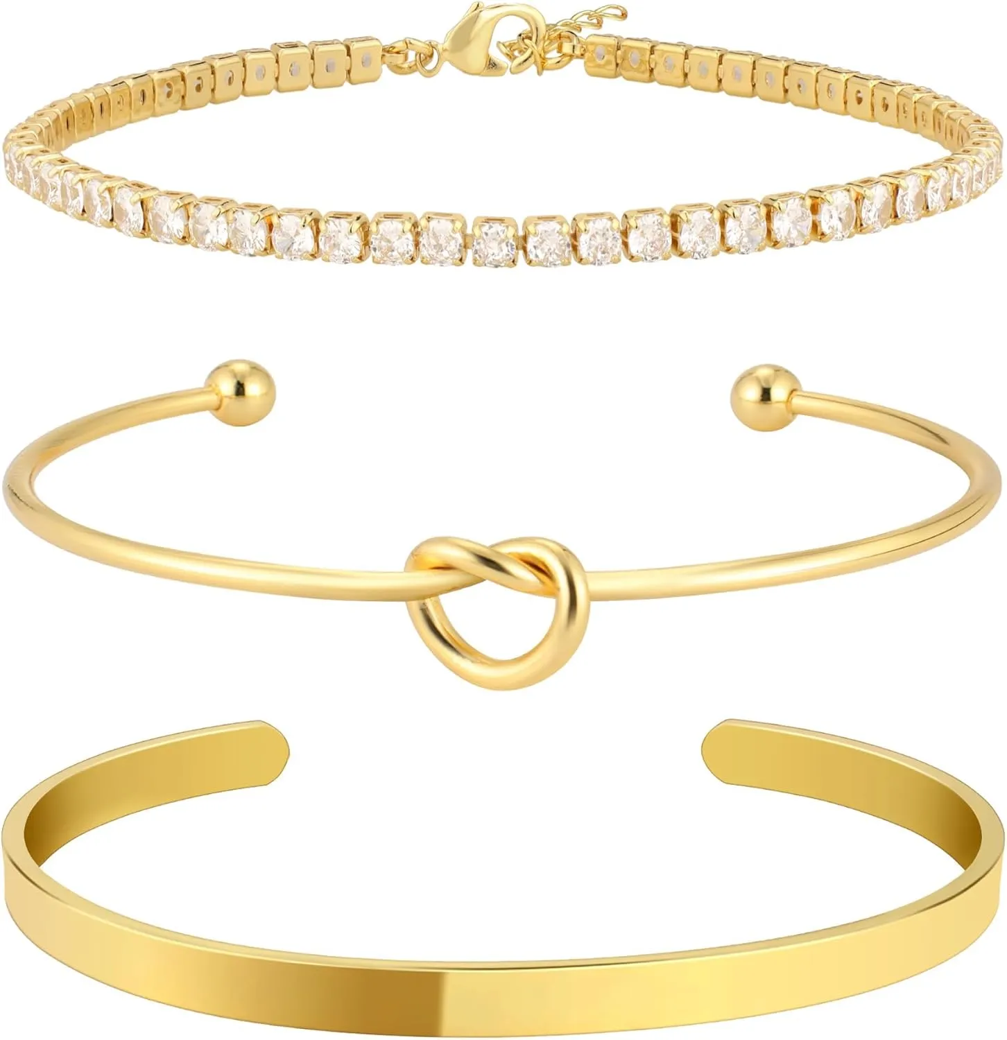 Gold Bangle Cuff Knot Bracelet for Women Stack Non Tarnish 14k Gold Plated Dainty Cubic Zirconia Tennis Bracelets Jewelry Set for Women Trendy