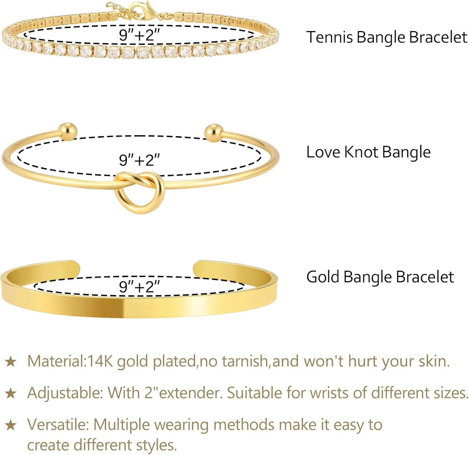Gold Bangle Cuff Knot Bracelet for Women Stack Non Tarnish 14k Gold Plated Dainty Cubic Zirconia Tennis Bracelets Jewelry Set for Women Trendy