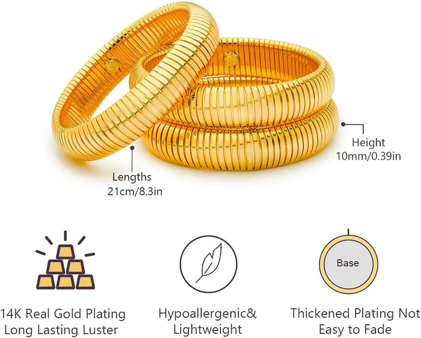 Gold Bangles for Women Set of 3 Chunky Stretch Bangles Bracelets 24K Gold Plated Stainless Steel Bracelets Flexible Wide Stack Bracelets Designer Look Alike Jewelry for Women