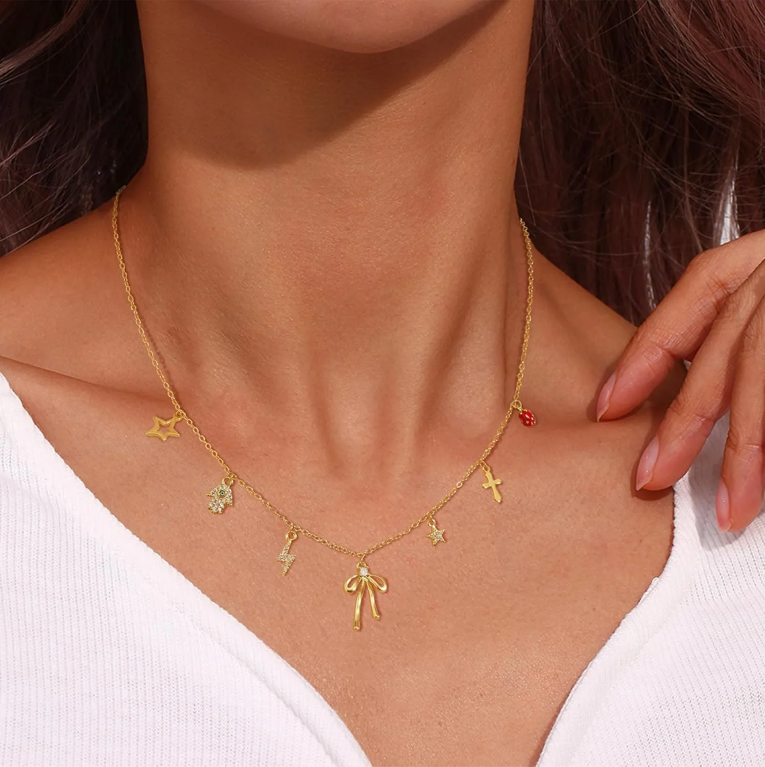 Gold Necklace for Women 14k Gold Pendant Charm Necklace Cute Chain Choker Necklace Trendy Sun Heart Bow Evil Eye Pendant Necklace Dainty Beach Boho Pendant Necklace Jewelry for Women