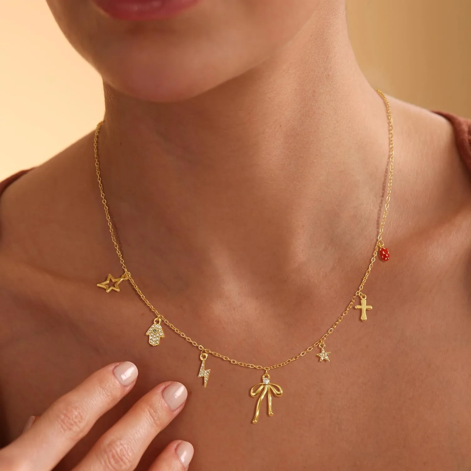 Gold Necklace for Women 14k Gold Pendant Charm Necklace Cute Chain Choker Necklace Trendy Sun Heart Bow Evil Eye Pendant Necklace Dainty Beach Boho Pendant Necklace Jewelry for Women