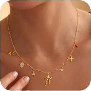 Gold Necklace for Women 14k Gold Pendant Charm Necklace Cute Chain Choker Necklace Trendy Sun Heart Bow Evil Eye Pendant Necklace Dainty Beach Boho Pendant Necklace Jewelry for Women
