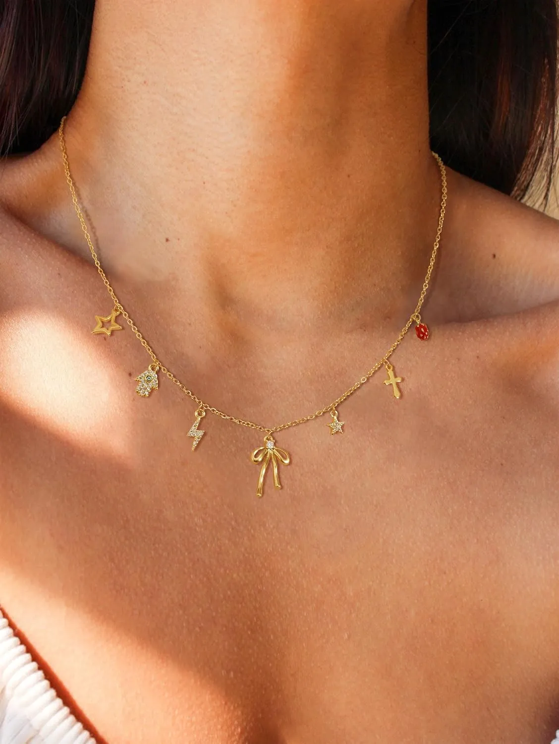 Gold Necklace for Women 14k Gold Pendant Charm Necklace Cute Chain Choker Necklace Trendy Sun Heart Bow Evil Eye Pendant Necklace Dainty Beach Boho Pendant Necklace Jewelry for Women