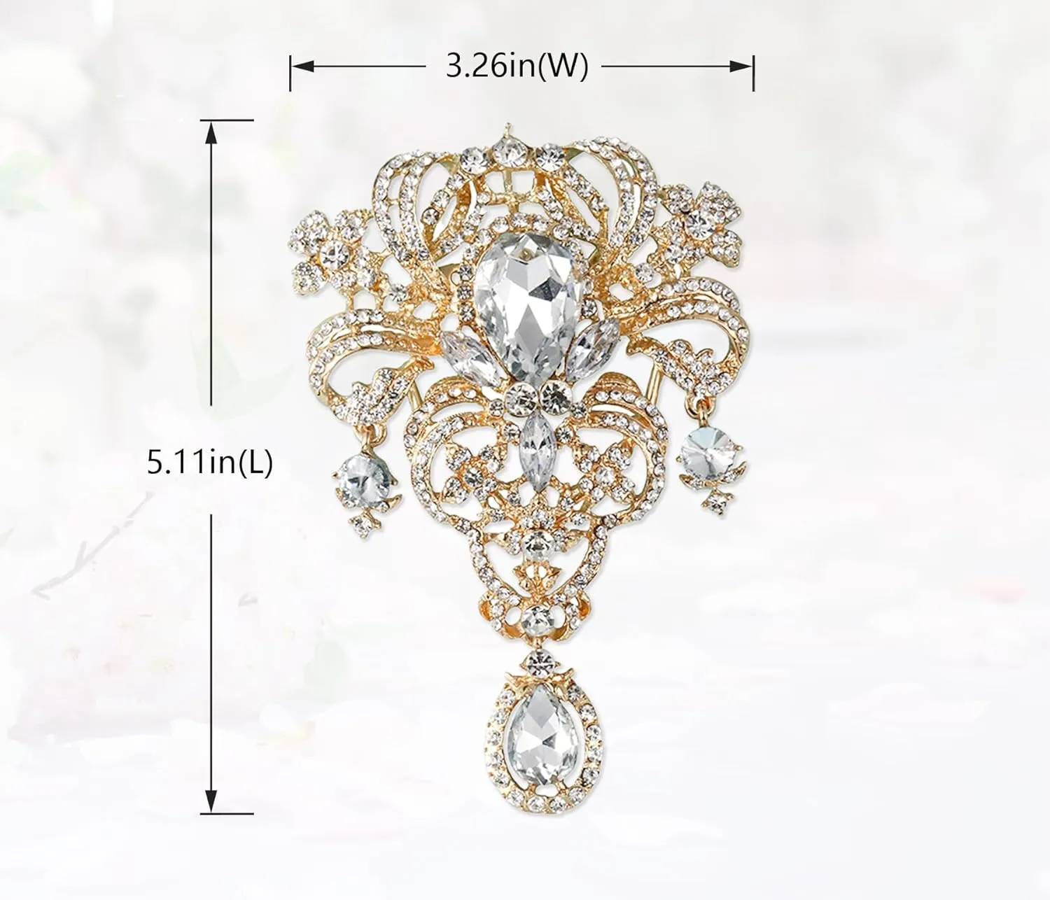 Gyn&Joy Womens 5 Inch Clear Crystal Rhinestones Large Flower Bouquet Tear Drop Pendant Brooch Pin
