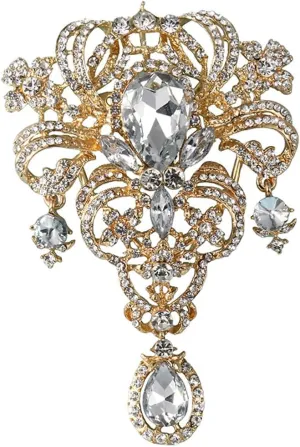 Gyn&Joy Womens 5 Inch Clear Crystal Rhinestones Large Flower Bouquet Tear Drop Pendant Brooch Pin