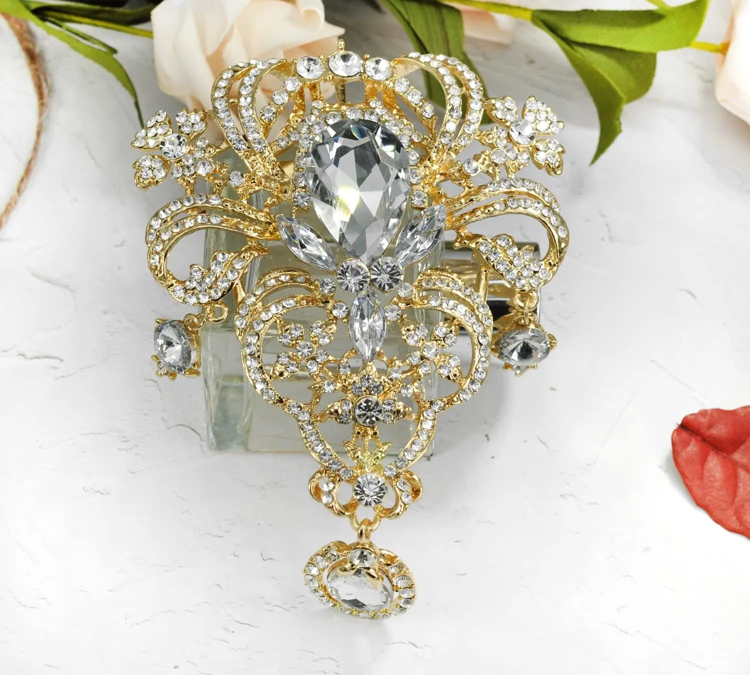 Gyn&Joy Womens 5 Inch Clear Crystal Rhinestones Large Flower Bouquet Tear Drop Pendant Brooch Pin