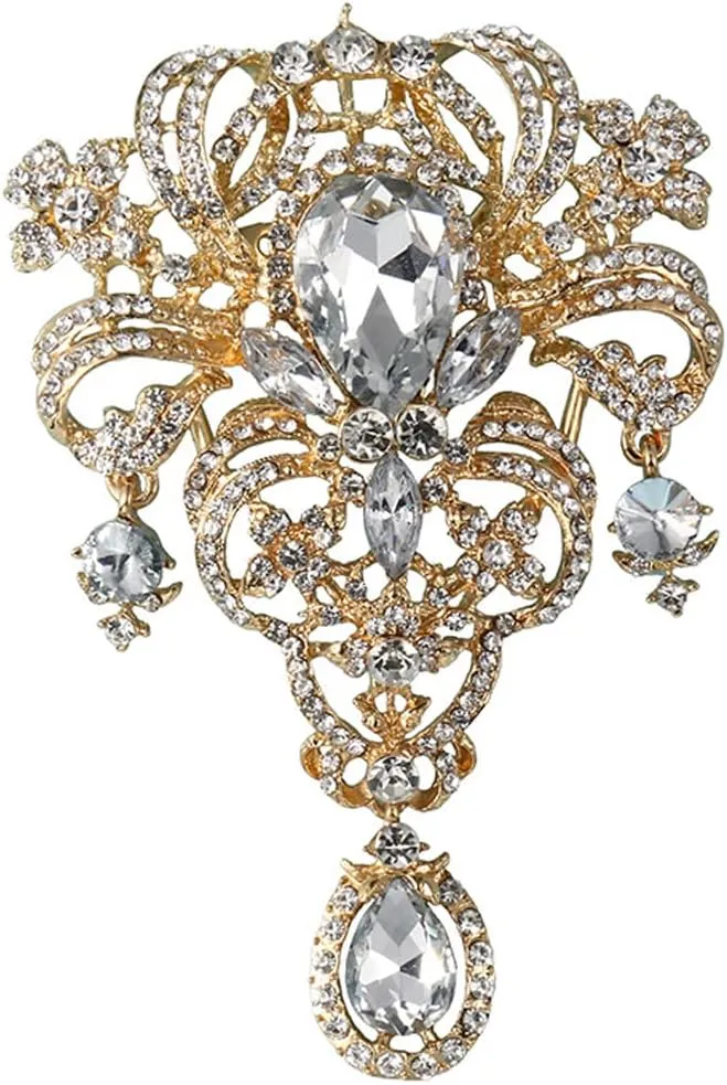 Gyn&Joy Womens 5 Inch Clear Crystal Rhinestones Large Flower Bouquet Tear Drop Pendant Brooch Pin