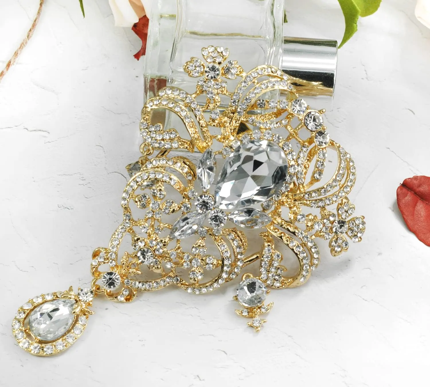 Gyn&Joy Womens 5 Inch Clear Crystal Rhinestones Large Flower Bouquet Tear Drop Pendant Brooch Pin