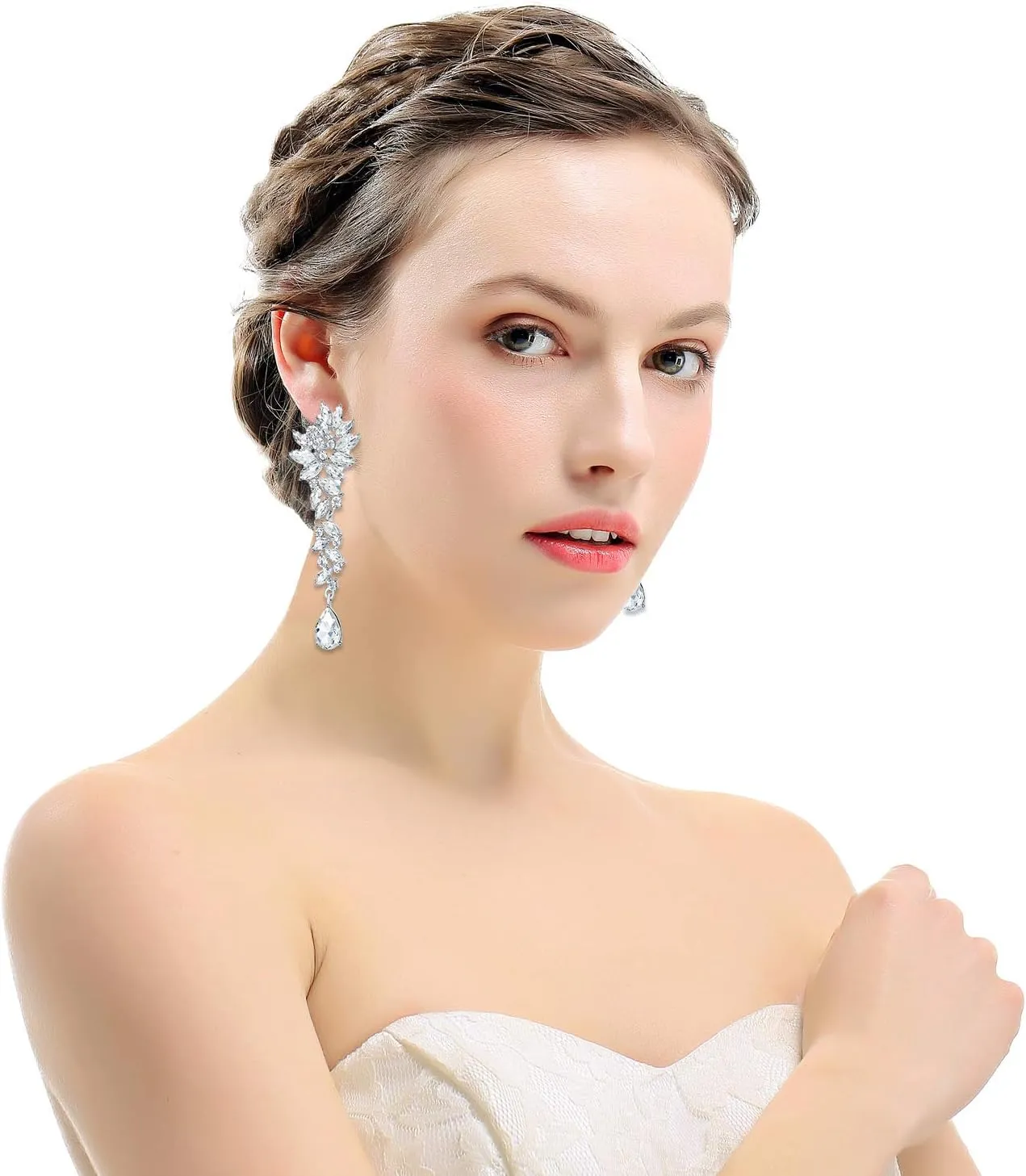 mecresh Bridal Wedding Teardrop Marquise Crystal Cluster Chandelier Dangle Earrings for Women Valentine's Day Gift
