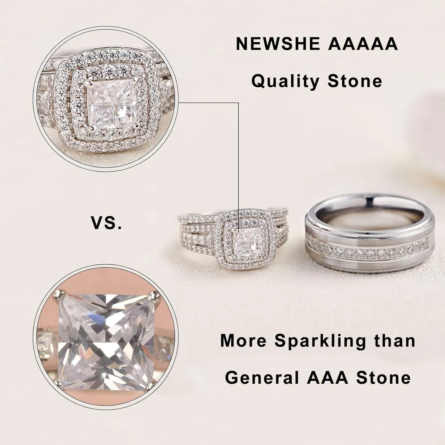 Newshe Jewellery Wedding Rings Set for Him and Her Women Mens Tungsten Bands AAAAA Cz Princess Cross 2.3Ct 925 Sterling Silver Size 5-13