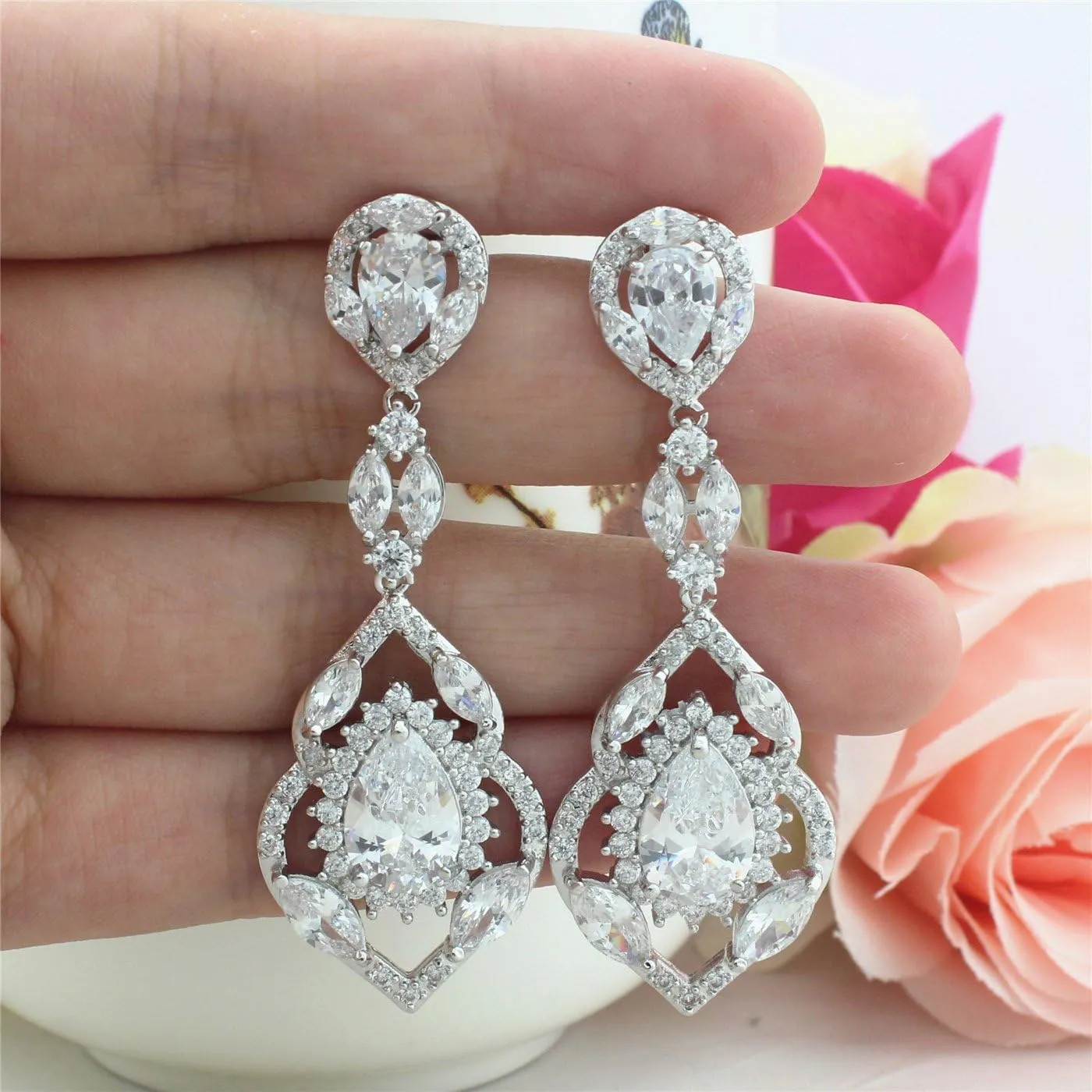 SELOVO Wedding Teardrop Dangle Earrings Silver Tone Vintage Chandelier Earrings Zircon