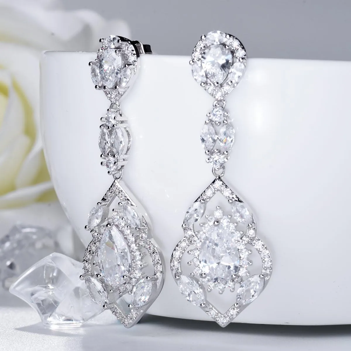 SELOVO Wedding Teardrop Dangle Earrings Silver Tone Vintage Chandelier Earrings Zircon