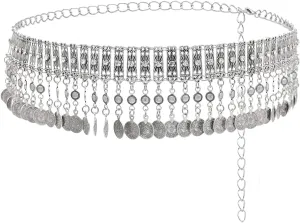 Silver Metal Coins Tassels Waist Chains For Women,Belly Belt Body Chains Jewelry Accessories for Dress,Adjustable Summer Beach Party Birthday Jewelry Gift