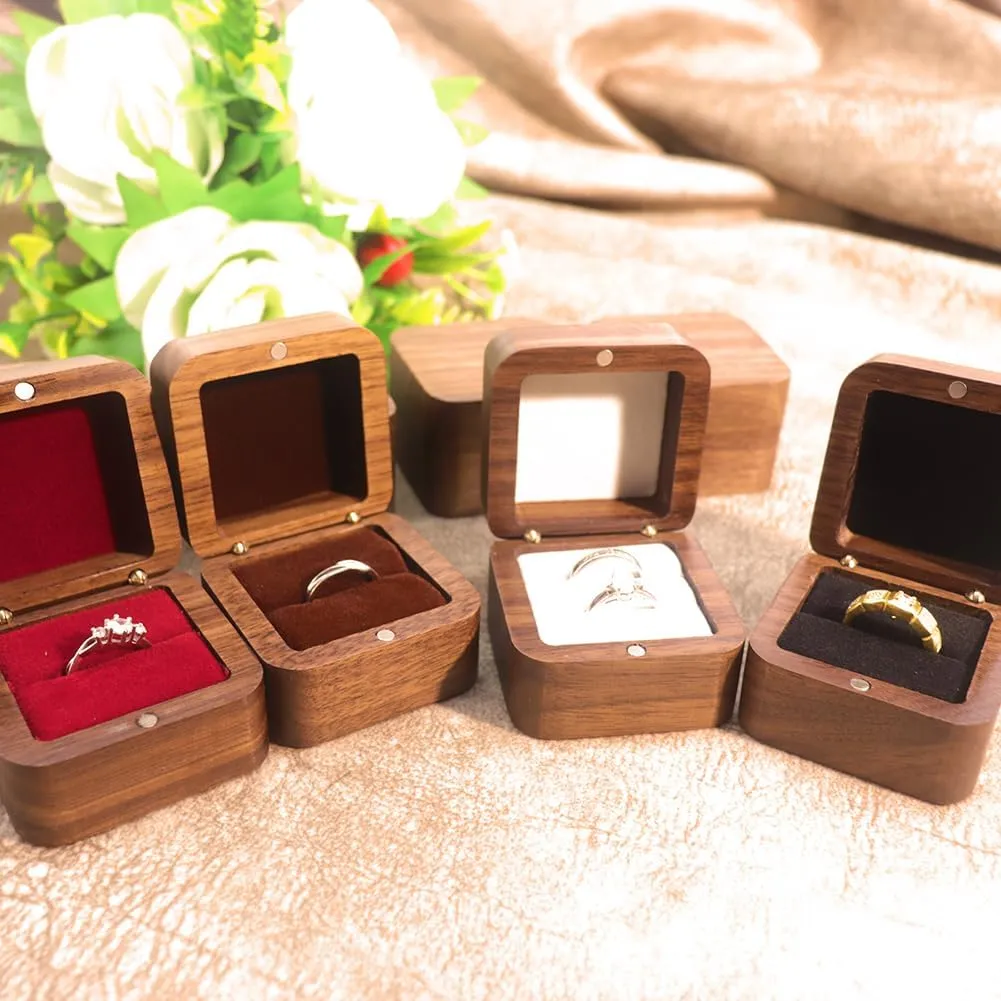 Single Slot Wooden Ring Box Square Retro Ring Box Engagement Ring Holder Box Wedding Ring Storage Box Case Jewelry Gift Box Container Red