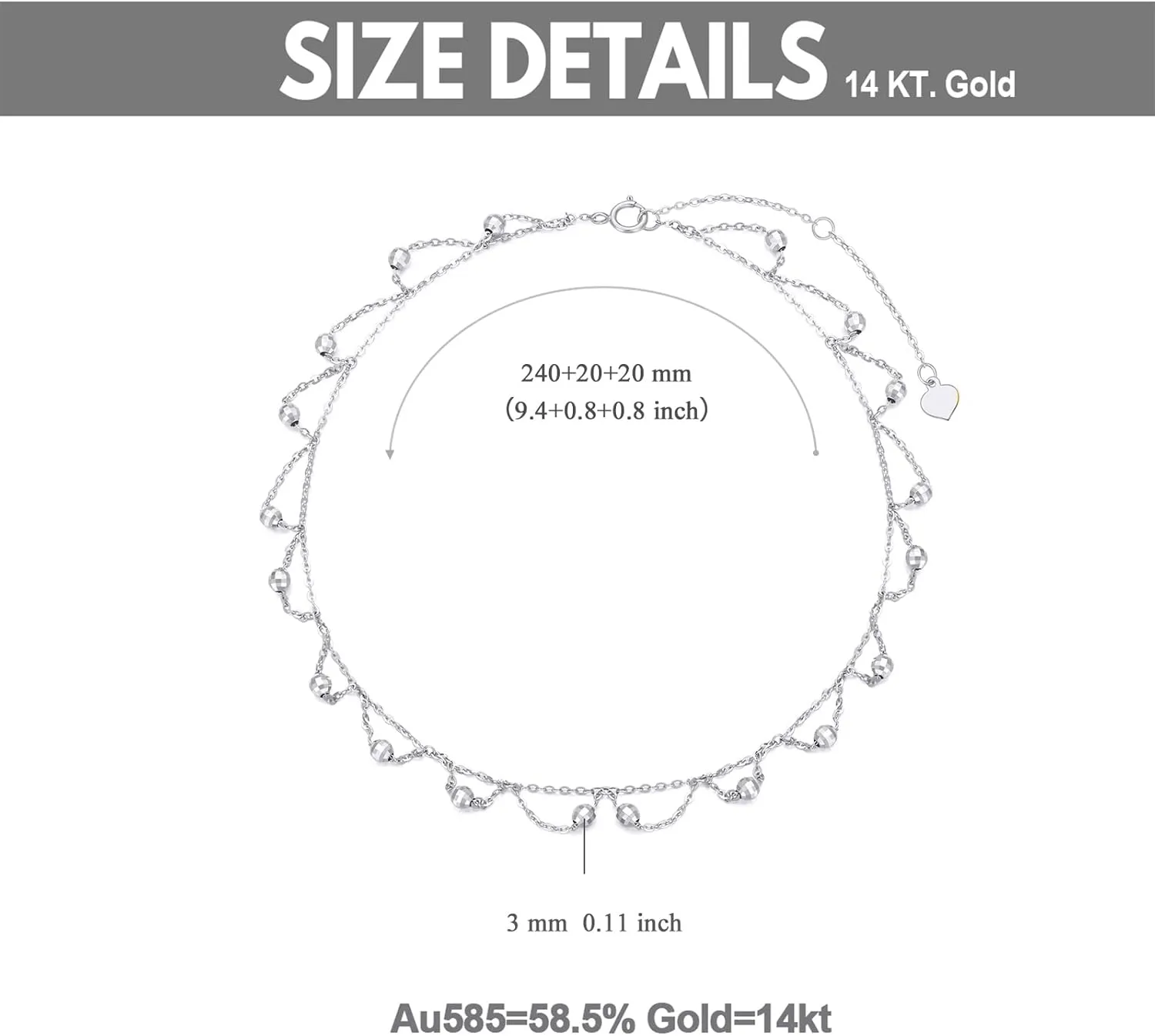 SISGEM 14k Gold Dangling Diamond-cut Bead Anklet for Women, Real Gold Ball Station Jewelry Ankle Bracelet Gifts for Her, 9.0-10.5 Inch