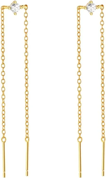 Tassel Chain Stud Earrings with CZ Accent, Gold Plated 925 Sterling Silver, Line Design, For Women, 1 Pair