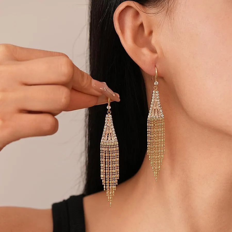 Triangle Rhinestone Chandelier Dangle Earrings for Women Gold Long Tassel Dangle Earrings Punk Long Threader Earrings for Woman Wedding Bridesmaid Prom Party