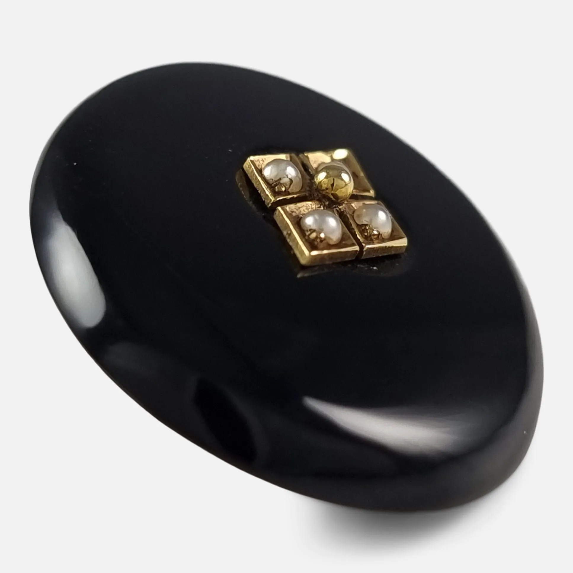 Victorian 9ct Gold Seed Pearl and Onyx Brooch - Circa 1880