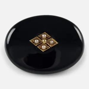 Victorian 9ct Gold Seed Pearl and Onyx Brooch - Circa 1880