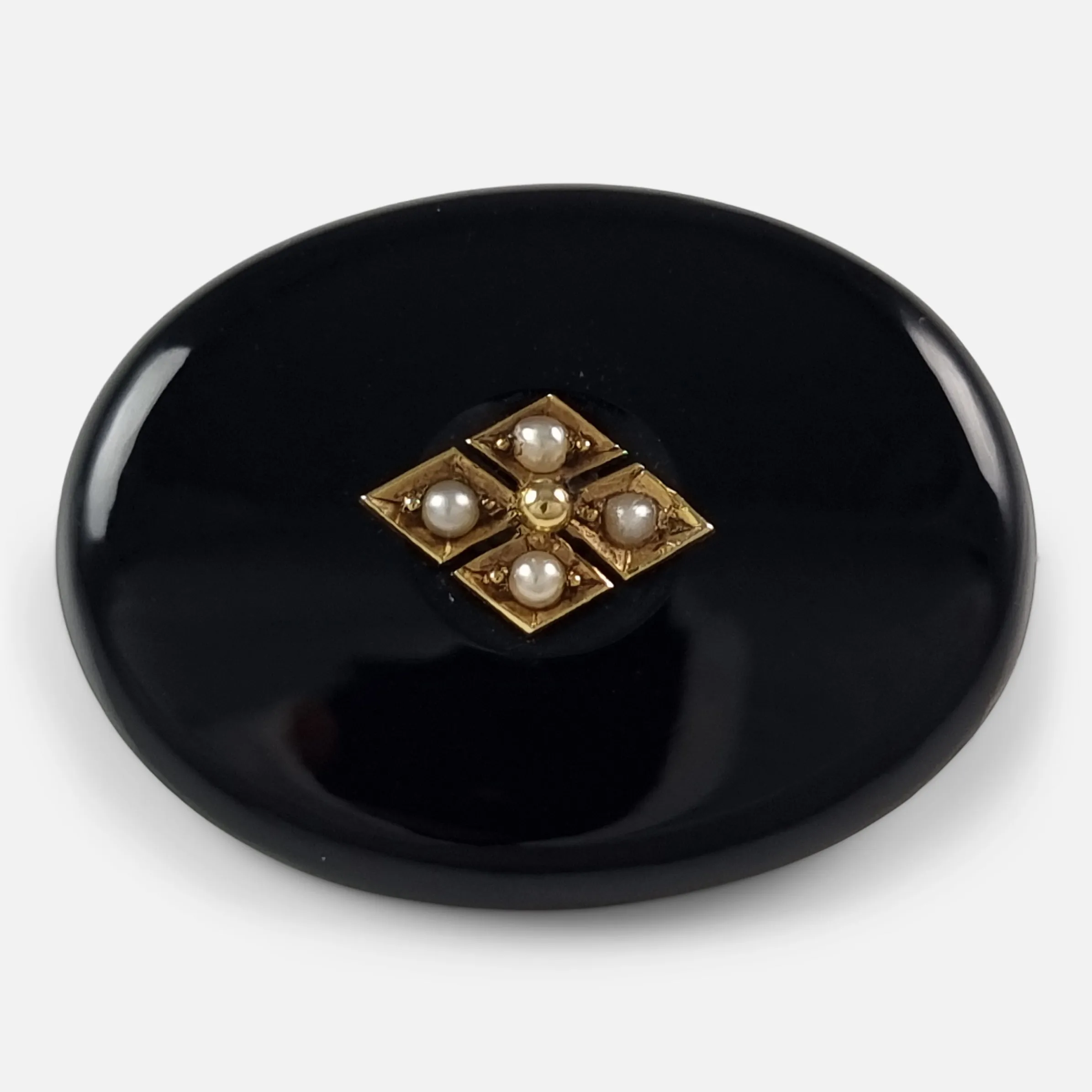 Victorian 9ct Gold Seed Pearl and Onyx Brooch - Circa 1880